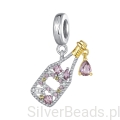 Srebrna zawieszka charms Butelka szampana z pozłoceniami ozdobiona kryształami G709