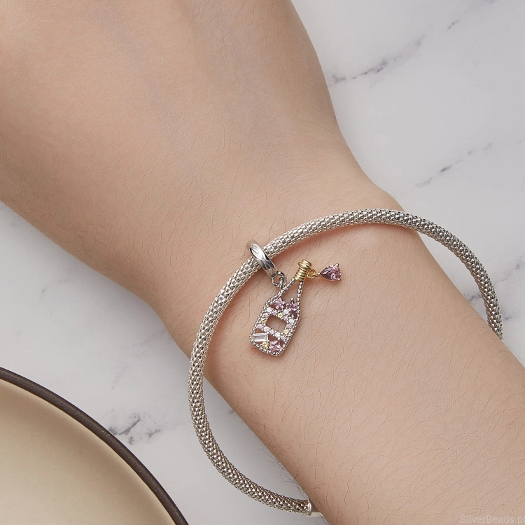 Uniwersalny srebrny charms Szampan pasujący do bransoletek modułowych Pandora, SilverBeads, Apart, Yes, Kuru i innych.