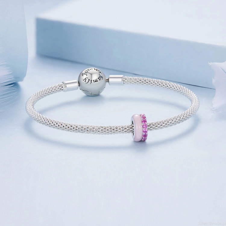 Srebrna bransoletka modułowa typu Pandora i charms Różowy emaliowany stoper z kryształkami G711