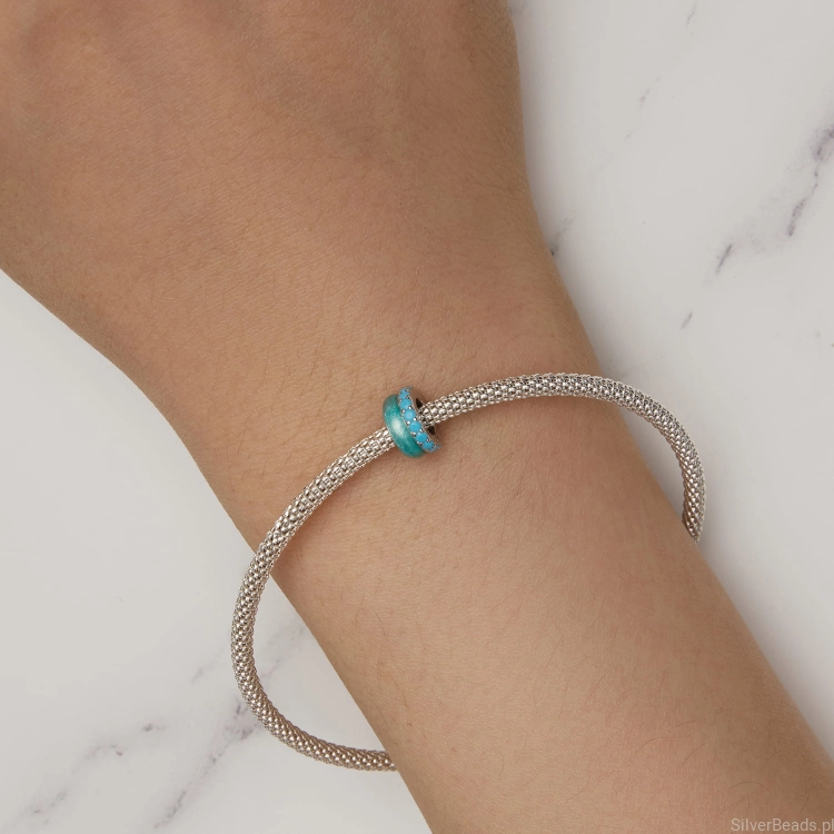 Uniwersalny srebrny charms turkusowy stoper pasujący do bransoletek modułowych Pandora, SilverBeads, Apart, Yes, Kuru i innych.
