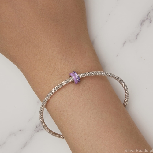 Uniwersalny srebrny charms fioletowy stoper pasujący do bransoletek modułowych Pandora, SilverBeads, Apart, Yes, Kuru i innych.