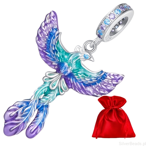 Satynowy woreczek gratis do zamówienia koralika charms Fenix ozdobiony emalia i kryształkami