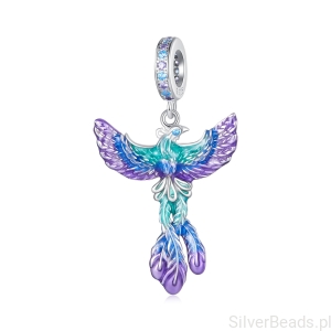 Emaliowany ptak Feniks srebrny charms zawieszka beads