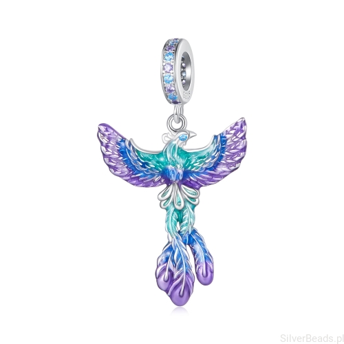Srebrna zawieszka charms Fenix ozdobiony emalia i kryształkami G716
