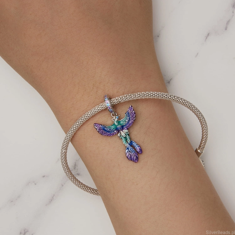 Uniwersalny srebrny charms ptak Fenix pasujący do bransoletek modułowych Pandora, SilverBeads, Apart, Yes, Kuru i innych.