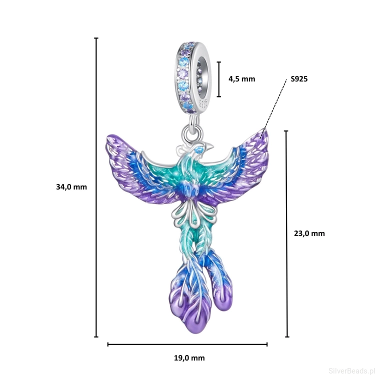 wymiary zawieszki charms ze srebra próby 925 koralik Fenix ozdobiony emalia i kryształkami