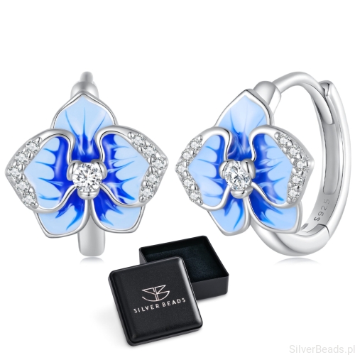 Eleganckie prezentowe pudełeczko gratis do kolczyków  Niebieskie kwiaty orchidei ozdobione kryształkami