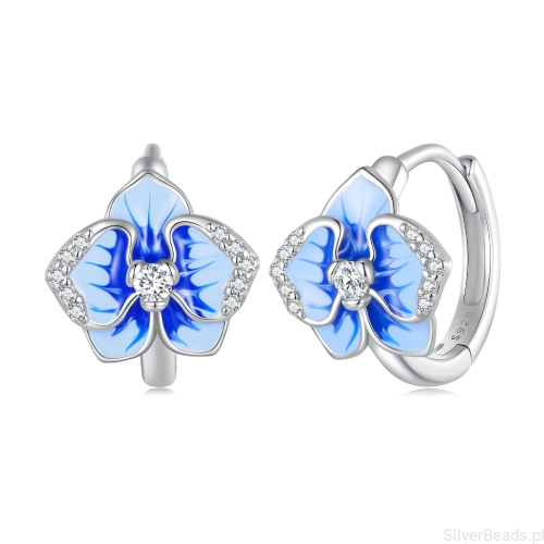Koła srebro 925 Niebieskie kwiaty orchidei ozdobione kryształkami