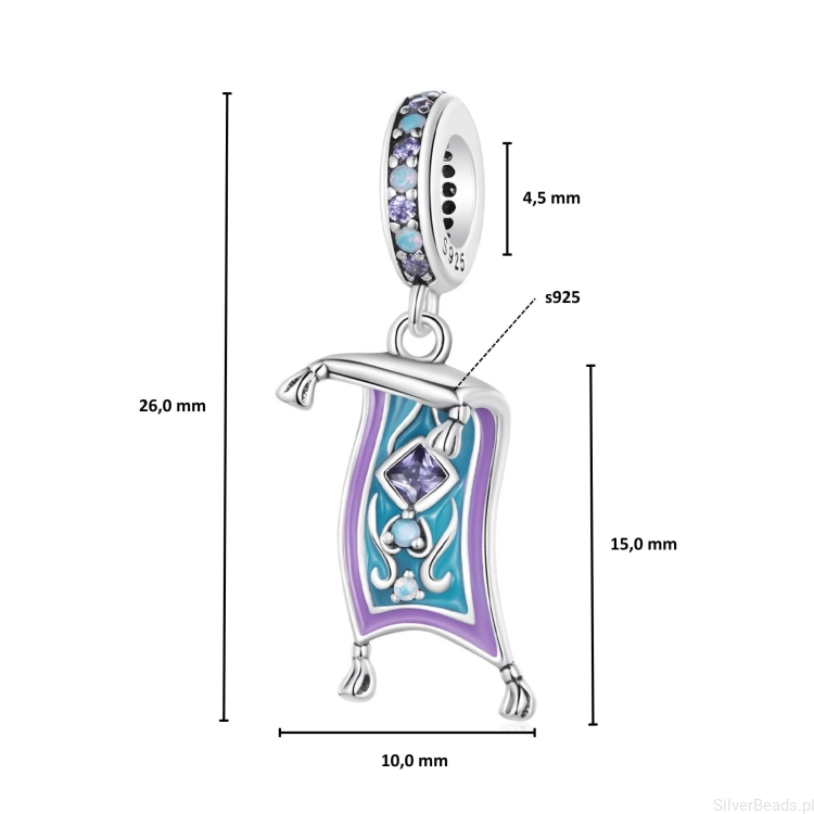 wymiary zawieszki charms ze srebra próby 925 koralik Latający dywan Aladyna ozdobiona emalią i kryształkami G745