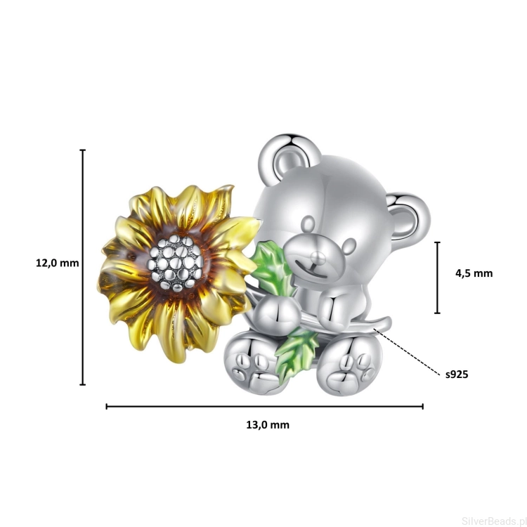 Wielkość koralika charms ze srebra próby 925 beads Miś z kwiatem słonecznika ozdobiony emalią G746