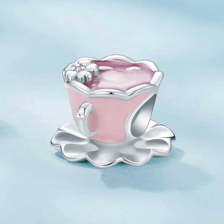 Charms srebro 925 Filiżanka kawy ozdobiona różową emalią G748 koralik do bransoletki modułowej charms