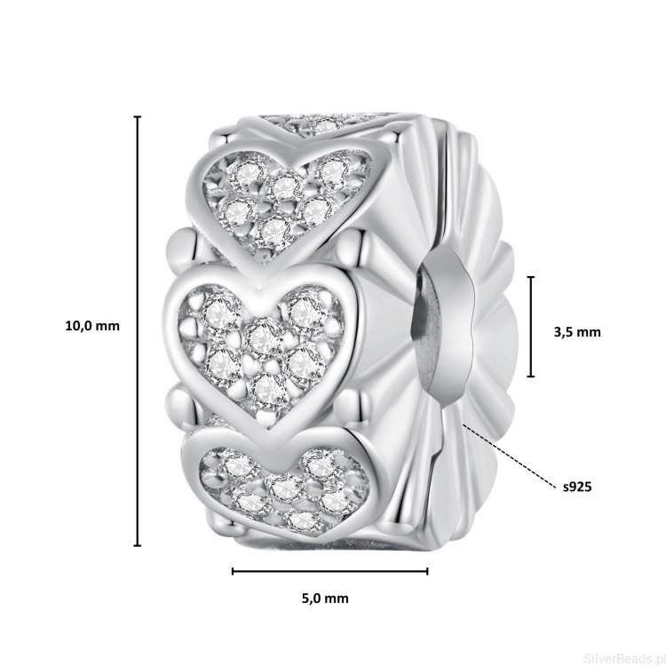 Wielkość koralika charms ze srebra próby 925 beads  Spinka stoper ozdobiona serduszkami i kryształkami G749