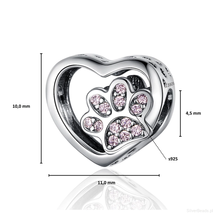 Wielkość koralika charms ze srebra próby 925 beads Serce z łapką pupila ozdobione różowymi kryształkami