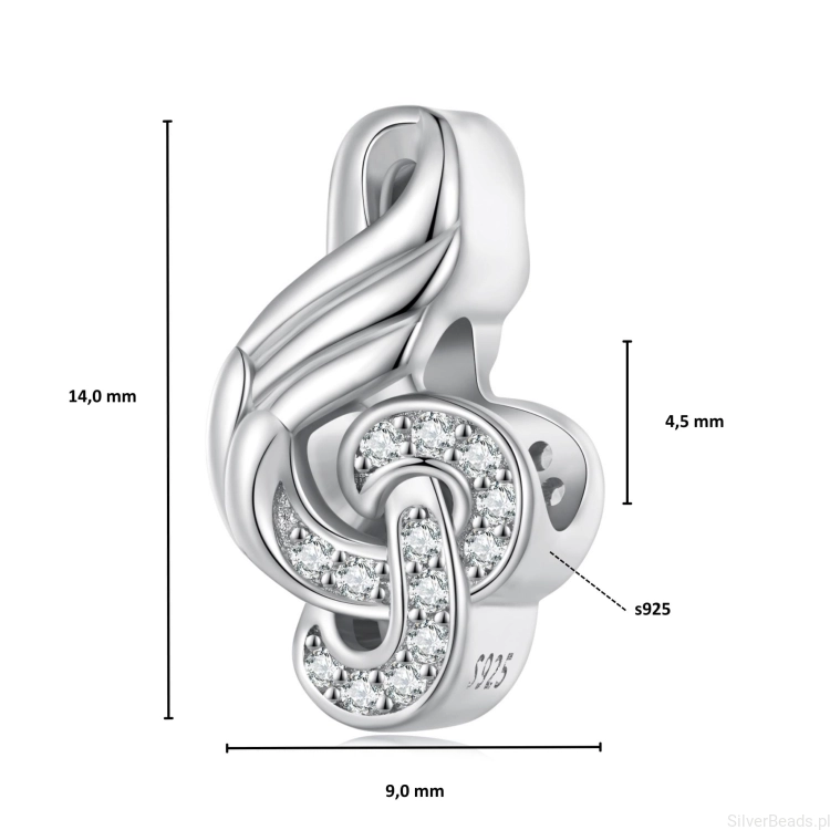 Wielkość koralika charms ze srebra próby 925 beads Klucz wiolinowy ozdobiony kryształkami