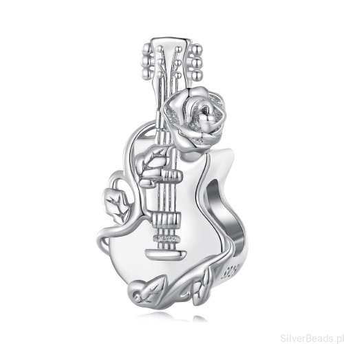 Srebrny koralik charms Gitara opleciona gałązką róży z kwiatem