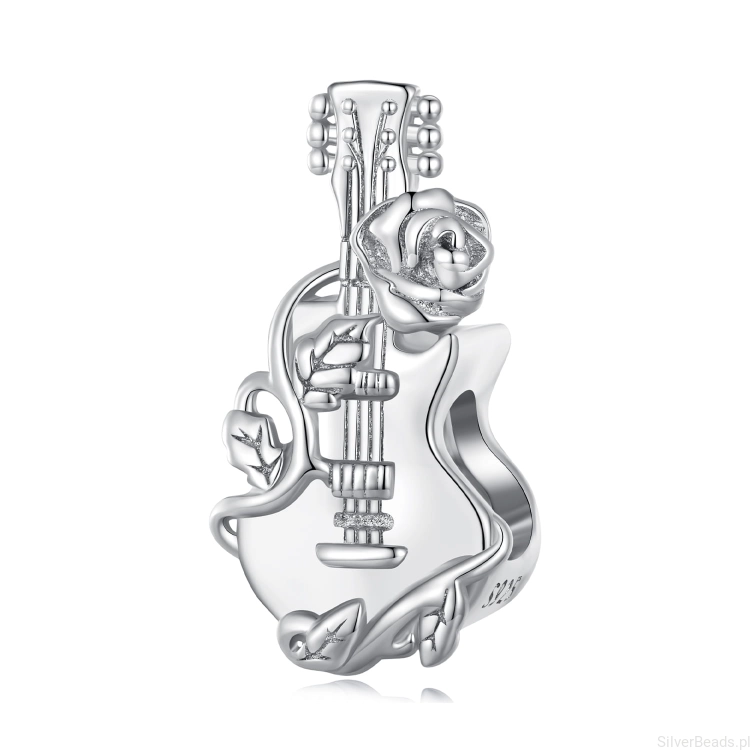 Srebrny koralik charms Gitara opleciona gałązką róży z kwiatem