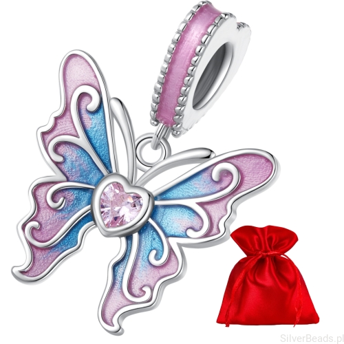 Satynowy woreczek gratis do zamówienia koralika charms  - Duży motyl ozdobiony emalią i kryształkiem w kształcie serca
