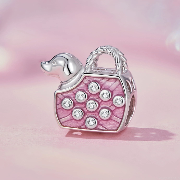 Charms srebro 925 Piesek w różowej emaliowanej torebce ozdobionej kryształkami koralik do bransoletki modułowej charms