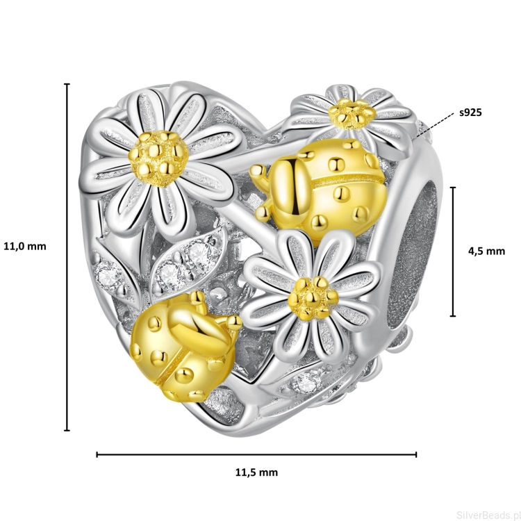 Wielkość koralika charms ze srebra próby 925 beads Serce z pozłacanych kwiatów i biedronek
