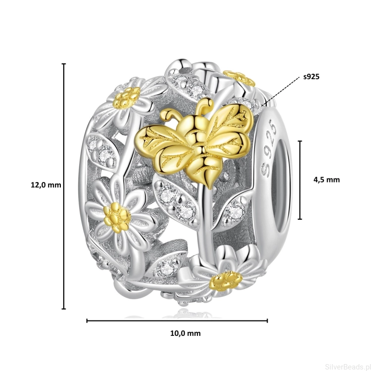 Wielkość koralika charms ze srebra próby 925 beads Kula z pozłacanych kwiatów i biedronek G775