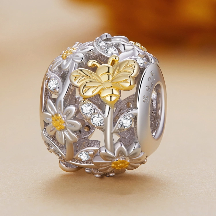 Charms srebro 925 Kula z pozłacanych kwiatów i biedronek G775 koralik do bransoletki modułowej charms