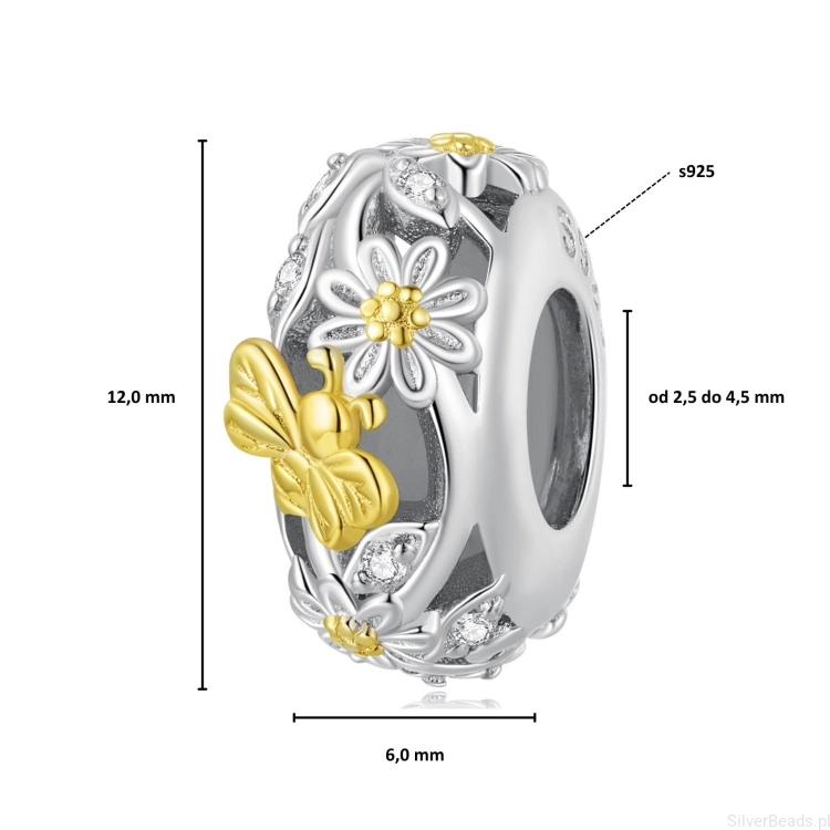 Wielkość koralika charms ze srebra próby 925 beads Stoper z pozłacanymi kwiatami i pszczołami ozdobiony kryształami