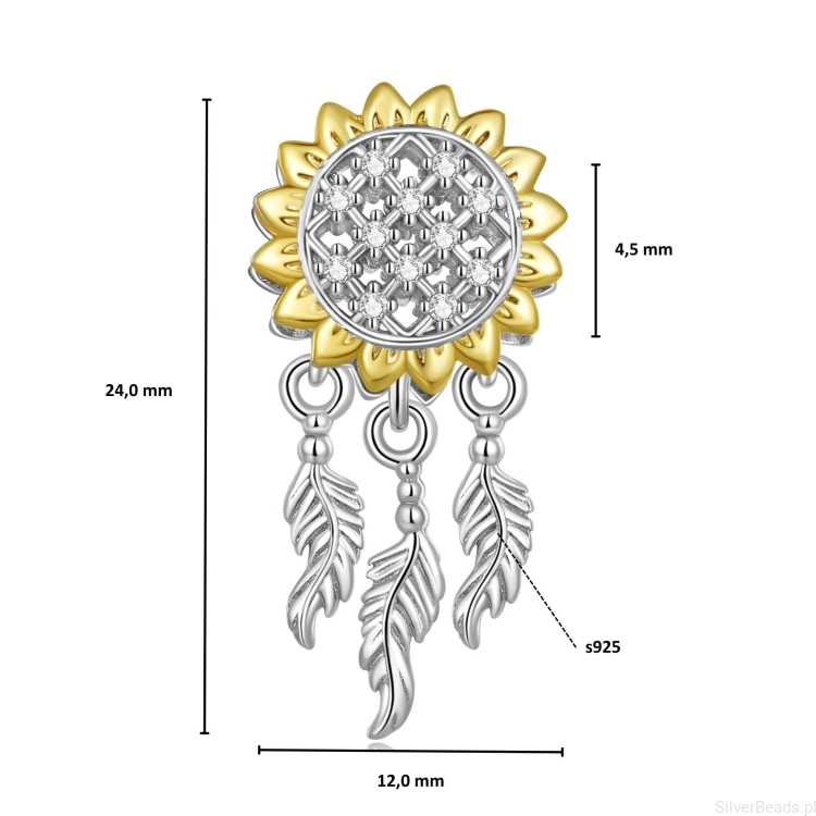 Wielkość koralika charms ze srebra próby 925 beads Pozłacany słonecznik, łapacz snów ozdobiony kryształkami