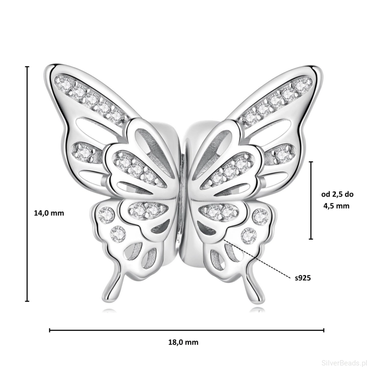 Wielkość koralika charms ze srebra próby 925 beads   Podwójny stoper motyl ozdobiony kryształami