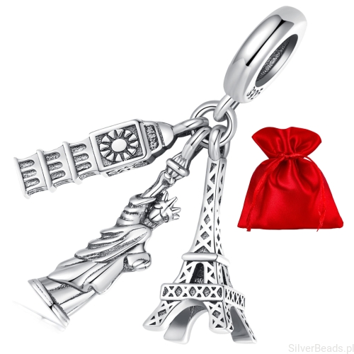 Satynowy woreczek gratis do zamówienia koralika charms  - Połączone Wieża Eiffla, Statua Wolności i Big Ben