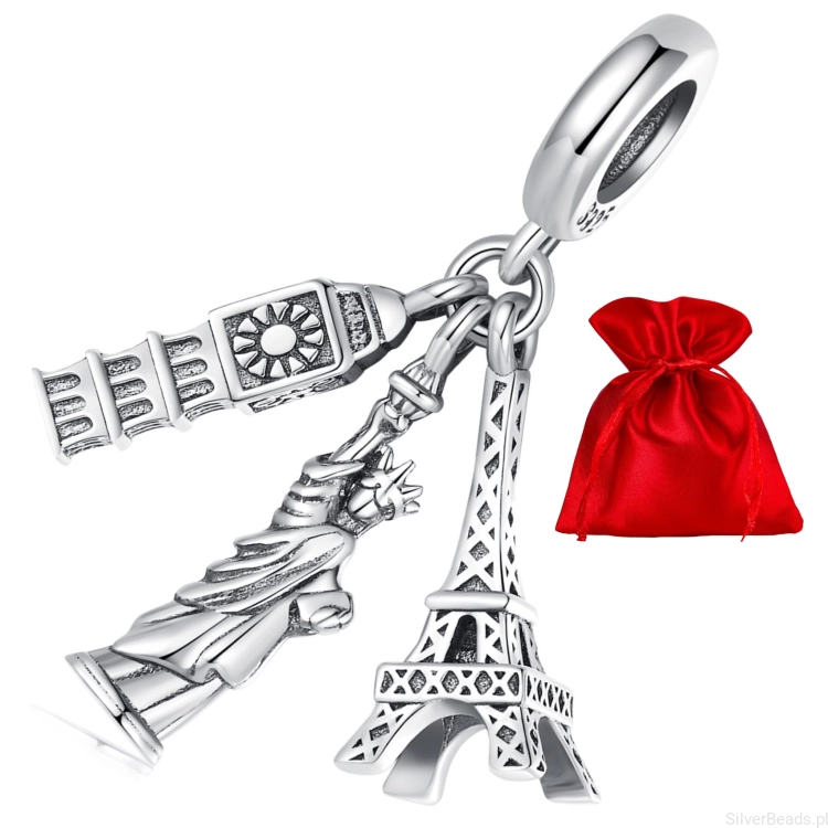 Satynowy woreczek gratis do zamówienia koralika charms  - Połączone Wieża Eiffla, Statua Wolności i Big Ben