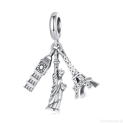 Srebrna zawieszka charms Połączone Wieża Eiffla, Statua Wolności i Big Ben