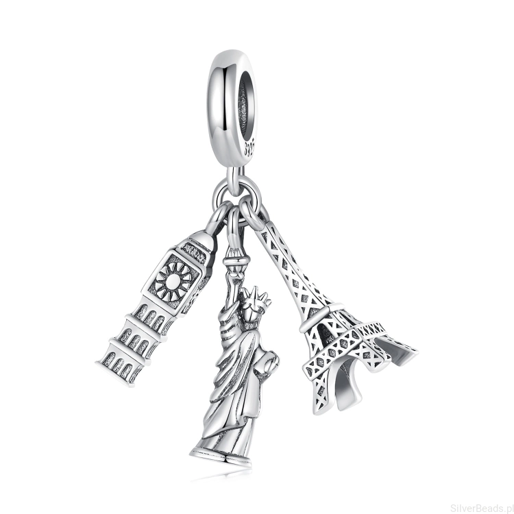 Srebrna zawieszka charms Połączone Wieża Eiffla, Statua Wolności i Big Ben