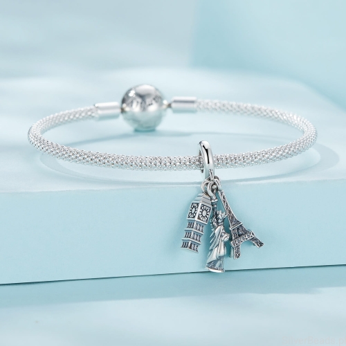Srebrna modułowa bransoletka typu Pandora i charms Połączone Wieża Eiffla, Statua Wolności i Big Ben