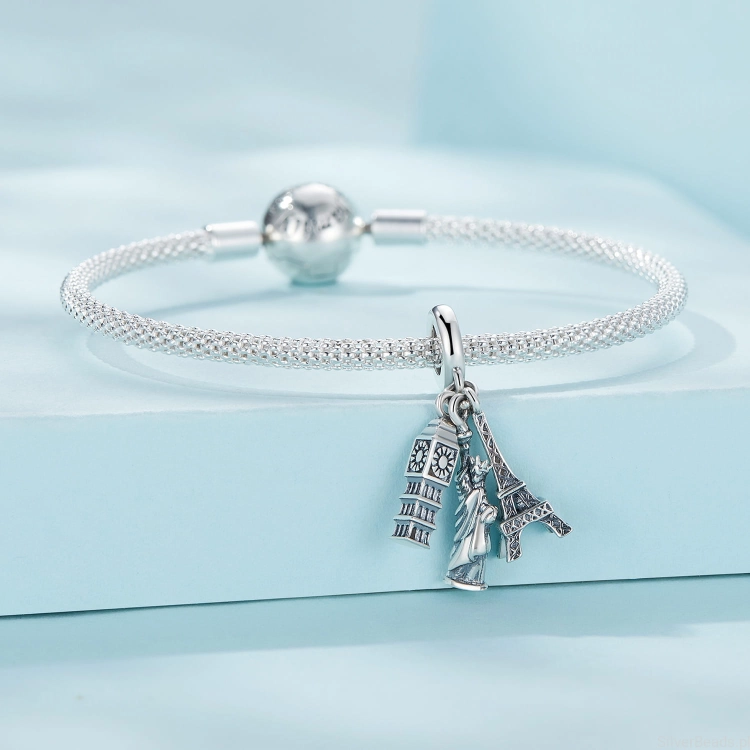 Srebrna modułowa bransoletka typu Pandora i charms Połączone Wieża Eiffla, Statua Wolności i Big Ben