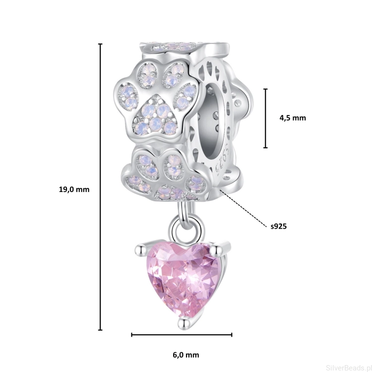 Wielkość koralika charms ze srebra próby 925 beads Różowe serce z kryształu zawieszone na pierścieniu z łapek