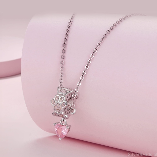 Srebrna zawieszka beads Różowe serce z kryształu zawieszone na pierścieniu z łapek pasująca do łańcuszka naszyjnika