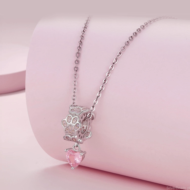 Srebrna zawieszka beads Różowe serce z kryształu zawieszone na pierścieniu z łapek pasująca do łańcuszka naszyjnika