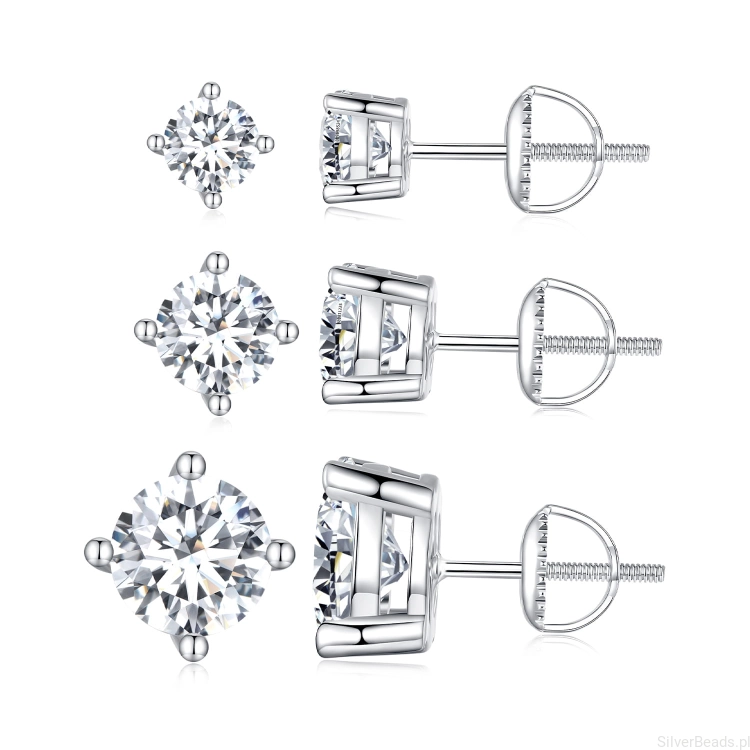 Kolekcja srebrnych kolczyków sztyftów 0,5 ct , 1,0 ct i 2,0 ct