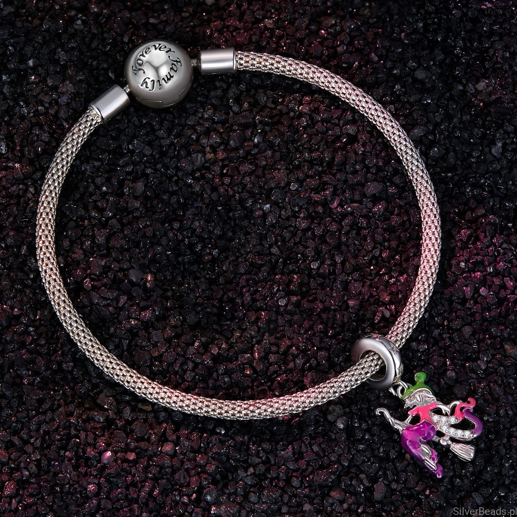 Srebrna modułowa bransoletka typu Pandora i charms Kolorowa emaliowana czarownica na miotle