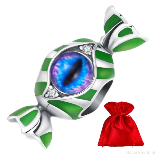 Satynowy woreczek gratis do zamówienia koralika charms Srebrny kolorowy cukierek z okiem Halloween