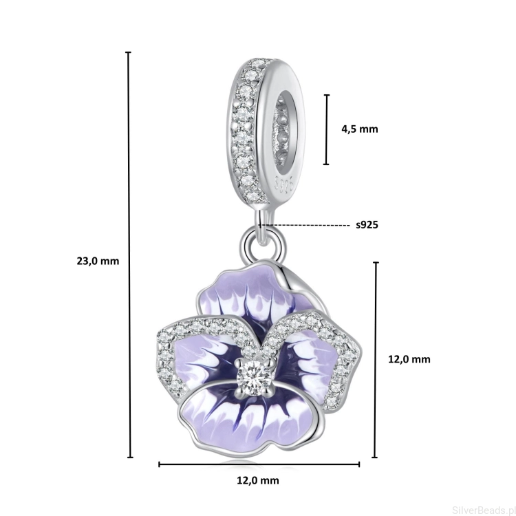 wymiary zawieszki charms ze srebra próby 925 koralik Fioletowy kwiat orchidei ozdobiony kryształkami
