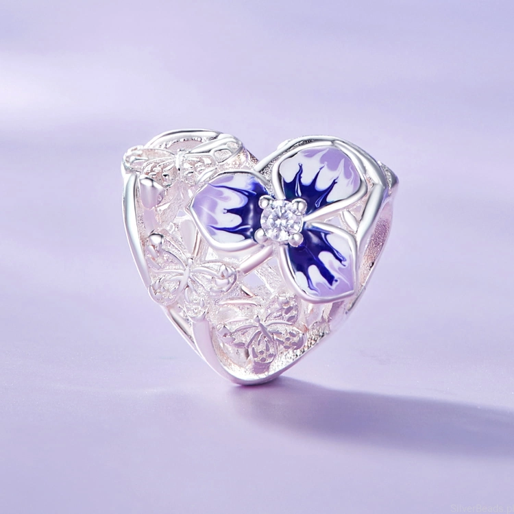 Charms ze srebra próby 925 Serce złożone kwiatów orchidei i motyli z kryształami