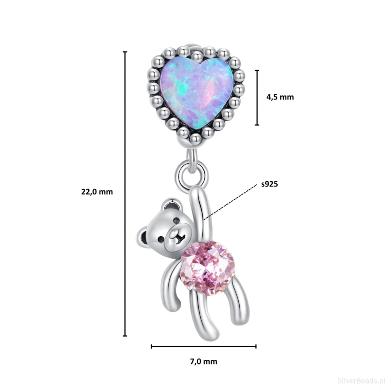Wielkość koralika charms ze srebra próby 925 beads Miś z różowym kryształem trzymający się opalizującego serca