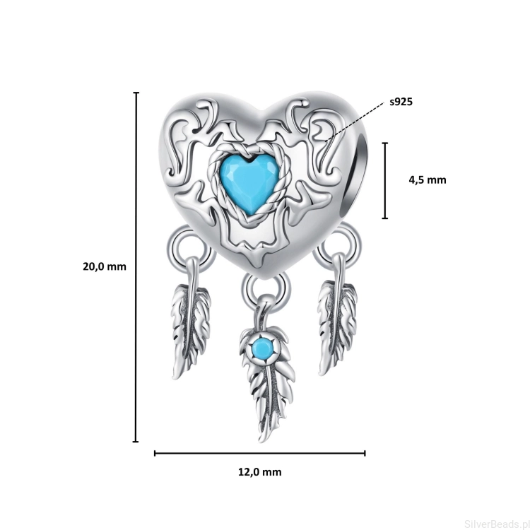 Wielkość koralika charms ze srebra próby 925 beads Serce łapacz snów ozdobione turkusami