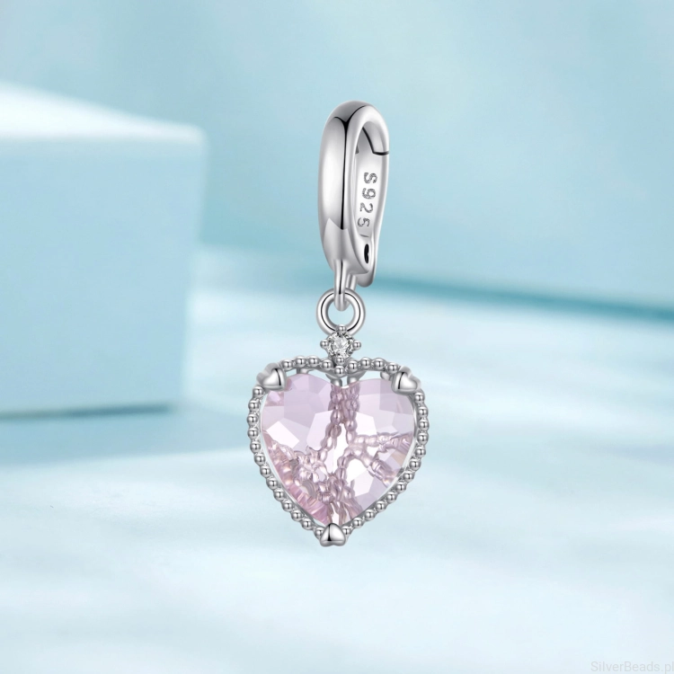 Charms srebro 925 Różowe kryształowe serce w srebrnej oprawie koralik do bransoletki modułowej charms