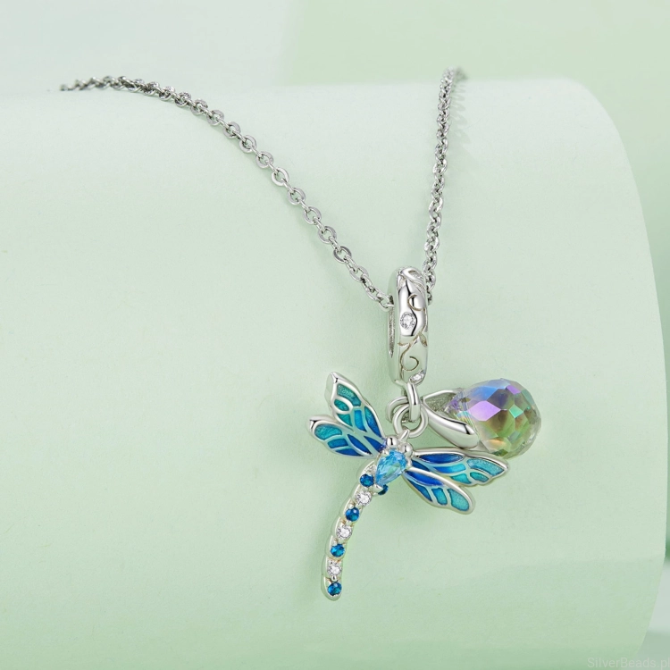 Charms srebro 925 Niebieska ważka ozdobiona kryształami koralik do bransoletki modułowej charms
