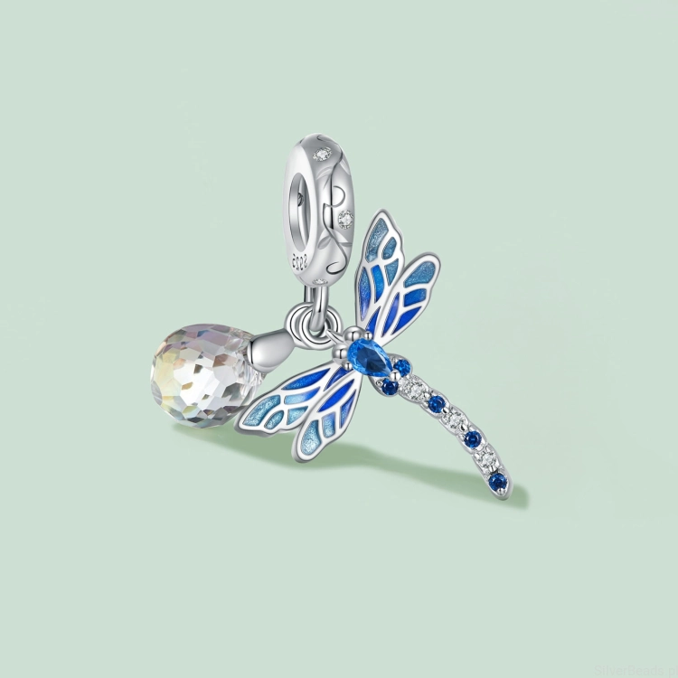 Charms srebro 925 Niebieska ważka ozdobiona kryształami koralik do bransoletki modułowej charms