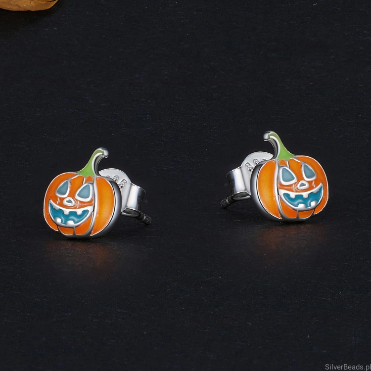 Srebrne kolczyki sztyfty Straszne pomarańczowe dynie na Halloween
