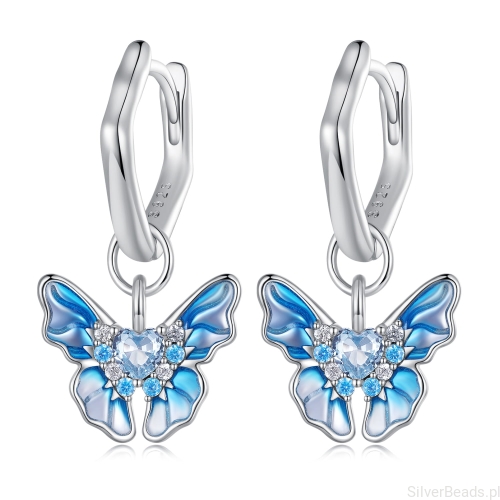 Srebrne kolczyki koła Błękitne motyle ozdobione kryształami