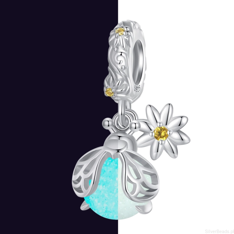 Charms srebro 925 Świecący w ciemności robaczek świętojański koralik do bransoletki modułowej charms